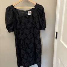 Vintage Lanz Originals Black Brocade Puff Sleeve Midi Dress Cotton Made USA 90s