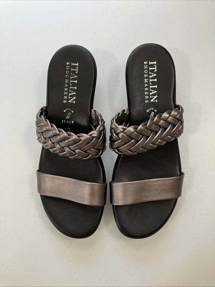 Sandalias Italianas Nuevas Sin Caja Pistola Metal Gris Deslizables Cuña Curativas Trenzadas Talla 10 Foto 2 de 4