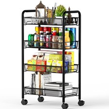 Metal 4 Tier Rack Trolley on Wheels Roll Cart Kitchen Storage Shelf Organiser