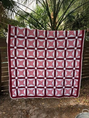 Vintage Handmade Signed Star Quilt ''Day and Night'' Pattern Red & White 72'' x 88''