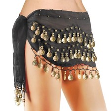 Belly Dance Hip Scarf Black Chiffon with 128 Gold Coins for Women Yoga Class