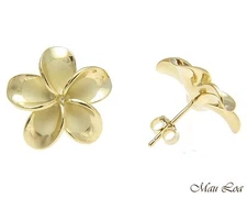 925 Silver Yellow Gold Hawaiian Plumeria Flower No CZ Stone Post Stud Earrings