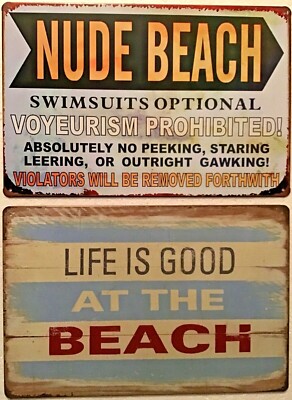 8x12 TIN SIGNS 2pc SET Nude beach life good voyeurism swimsuits funny vintage 96