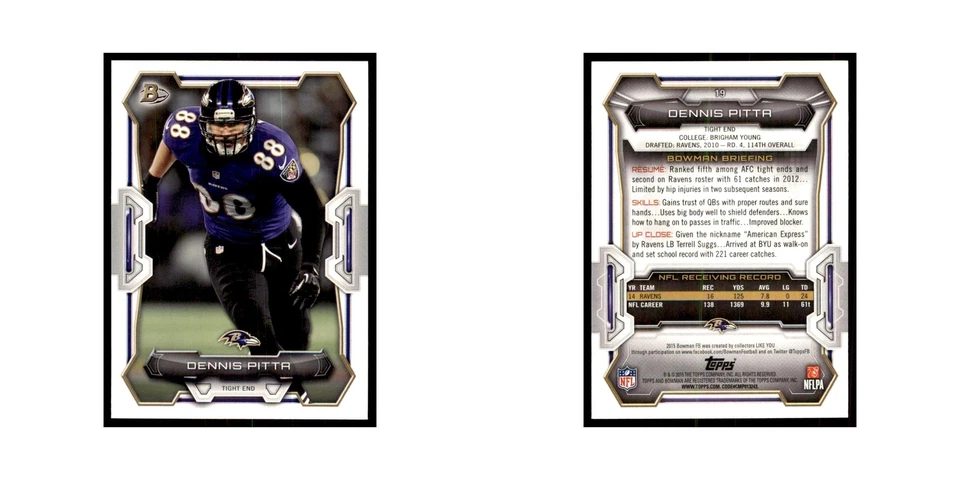 2015 Bowman Dennis Pitta Football Cards #19 - Image 3 of 3