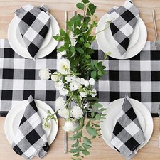 White Buffalo Plaid Table Runner with 4 Napkins 110"x14" Gift Box Set