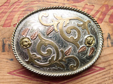 Vintage Hand Made Brass Copper Trim Nickel Silver Made Western Belt Buckle