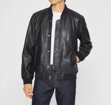 Black Bomber Jacket Cafe Racer Lamb Leather Mens Jacket Size S M L XL XXL 3XL