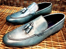 Designer Slipper Denim Blue Moccasin Handmade Leather Men's Shoes 43