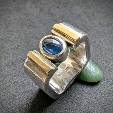 Vintage Designer Ring 925 Silber 14k 585 Gold Saphir blau RG 53