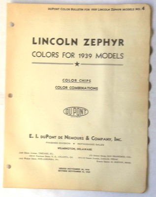 1939 LINCOLN DUPONT COLOR PAINT CHIP CHART ALL MODELS ORIGINAL 