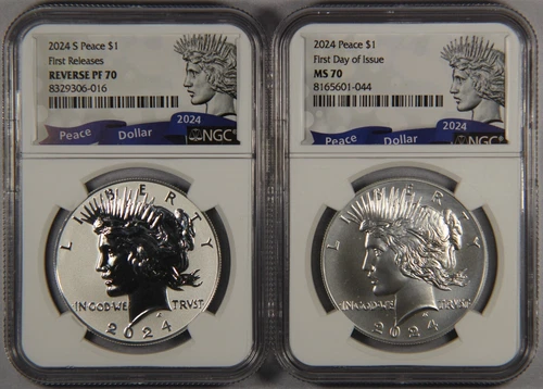 (2) Coins 2024-S Peace Silver Dollar NGC MS70 REVERSE PF70 First Releases FDOI