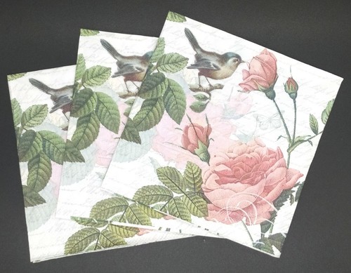 S300# 3 servilletas de papel pequeñas individuales para decoupage pájaro con rosas collage de guiones - Imagen 4 de 4