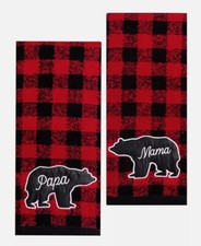 Bath Hand Towels Buffalo Plaid Red Black Set of 2 Mama Papa Bear Appliqued Check