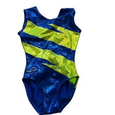 Obersee Childs Large Shimmering Blue  Neon Green Gymnastics Leotard