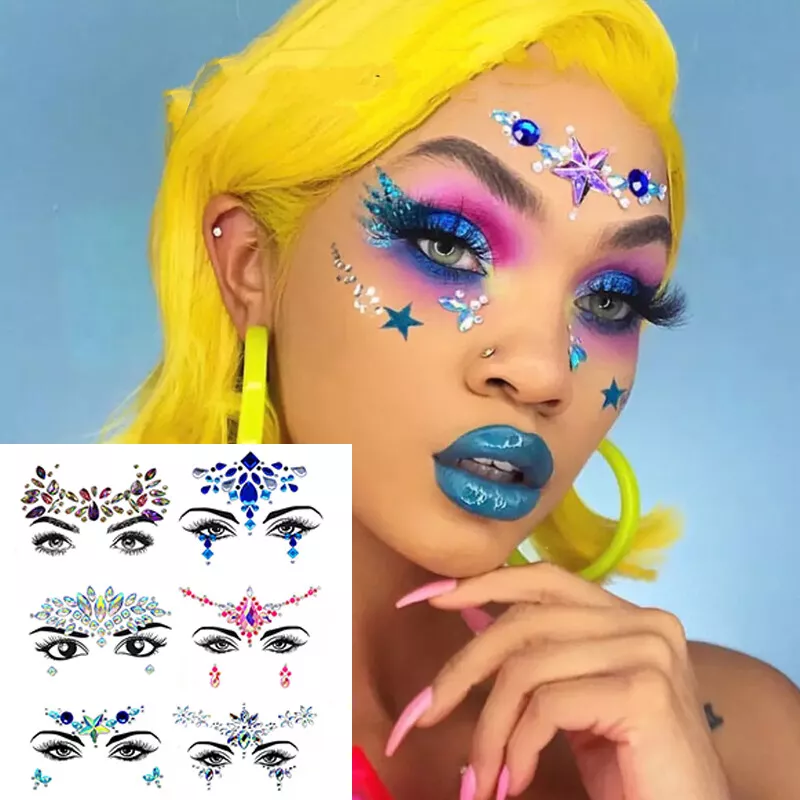 Face Gems Stick on 3D Jewels Festival Body Glitter Crystals Rhinestones Eye