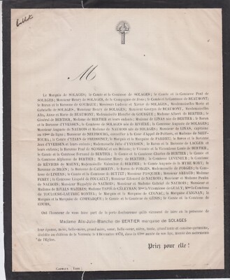 1872 Sterbeurkunde Frau Achille de SOLAGES geboren BERTIER de SAUVIGNY