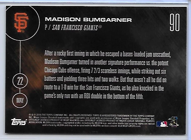 2016 TOPPS NOW MADISON BUMGARNER Pitcher’s Mound and in Batter’s Box Print /632 - Image 2 of 2