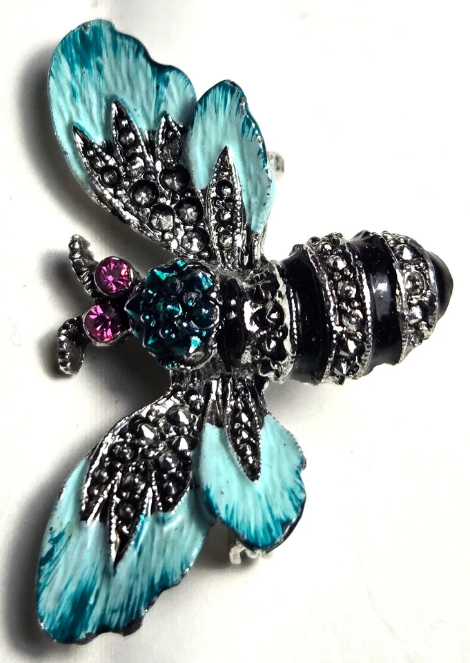 Prendedor/broche vintage de marcasita plateado esmalte azul y negro abejorro ojos rosas Foto 3 de 4