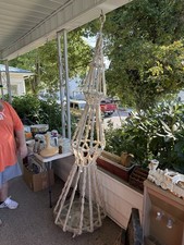 Huge Vintage 72" Mid Century Macrame 3 Tier Plant Hanger w Glass 24" Bottom