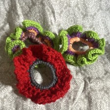 Handmade Crocheted Flower Halloween Theme Scrunchies, Multicolor Yarn, 3-Pack