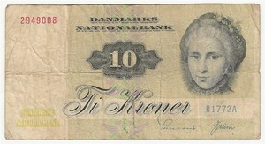 DENMARK  10 KRONER BANKNOTE  1977-8  P48c    FINE