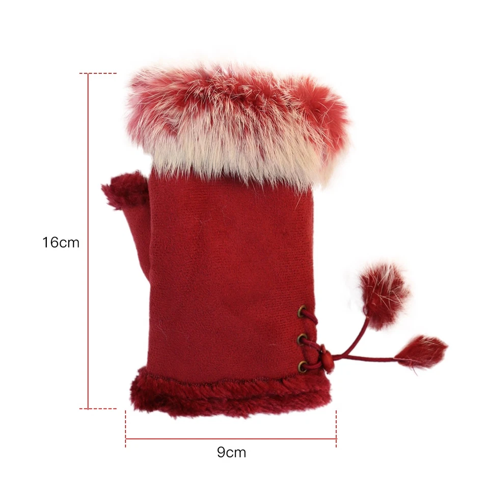 Women Winter Fur Fingerless Gloves Mittens Soft Warm Fur Lined Ladies Mittens - Image 3 of 4