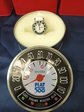 FIAT 500 White Watch Luci, Benzina, Olio. Very RARE. NEW W Collectable Tin