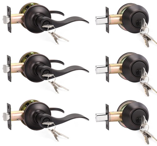 3 Pack Front Entry Door Handle Lock Set with Single Cylinder Deadbolt, Exteri...