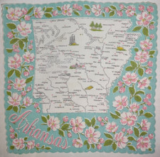 Vtg State Hankie Arkansas 13 x 13.5 flowers/map aqua/pink/green 25OTCS H346