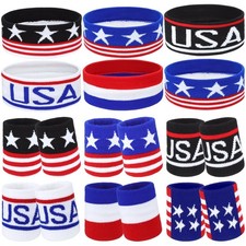 6 Sets American Flag Sports Sweatbands USA Headband and Wristband Red White a...