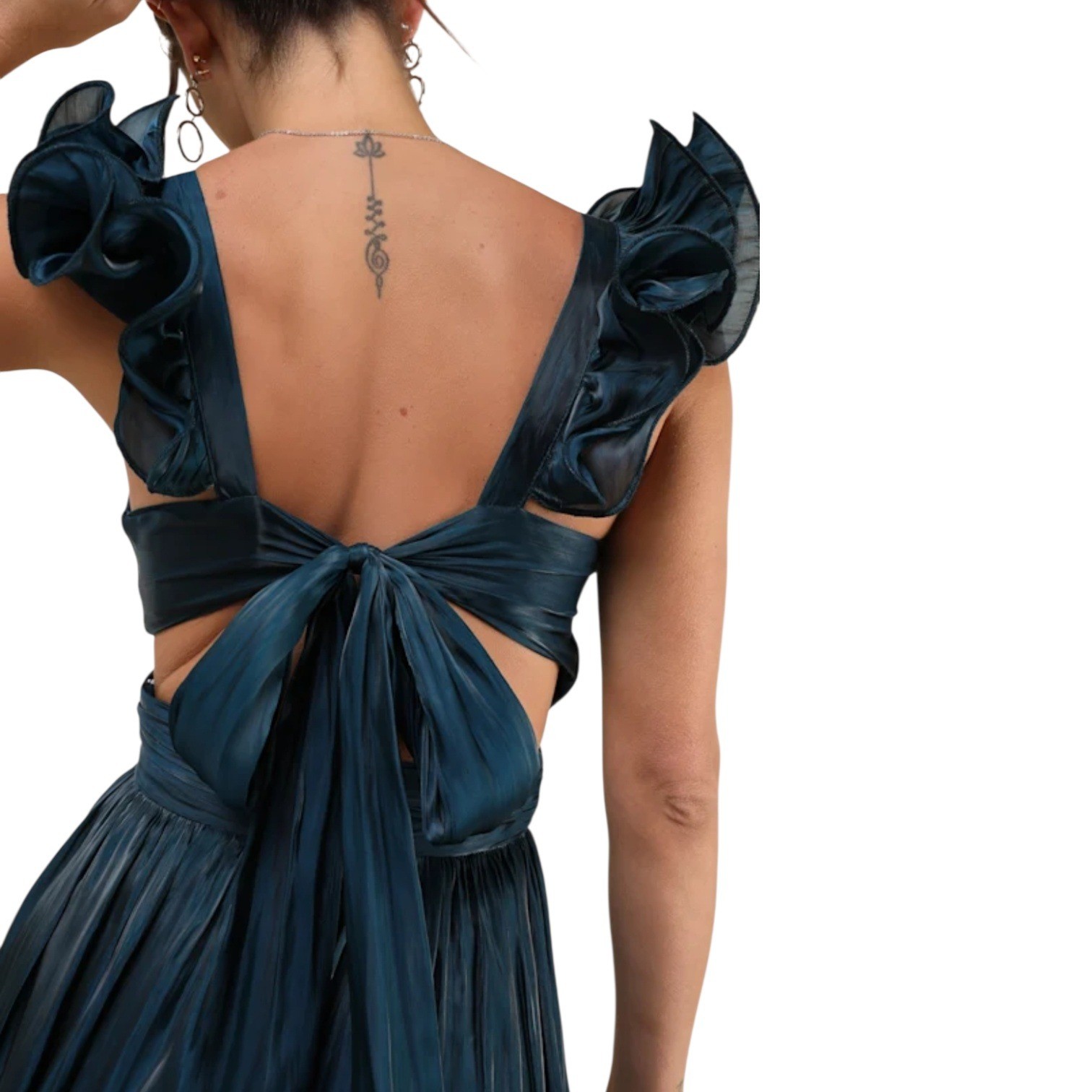 Lulus Women's Pristine Glow Teal Blue Ruffled Shoulder Maxi Dress Tie Back Gown