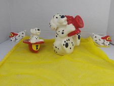 5Pc Dalmatians Fireman Rubber Bath Toy, Bag, Spout Cover Hooks DOG Kids II 1996