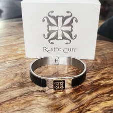 Rustic Cuff Black Silver Enamel Magnetic Hinged Bracelet Small/Medium