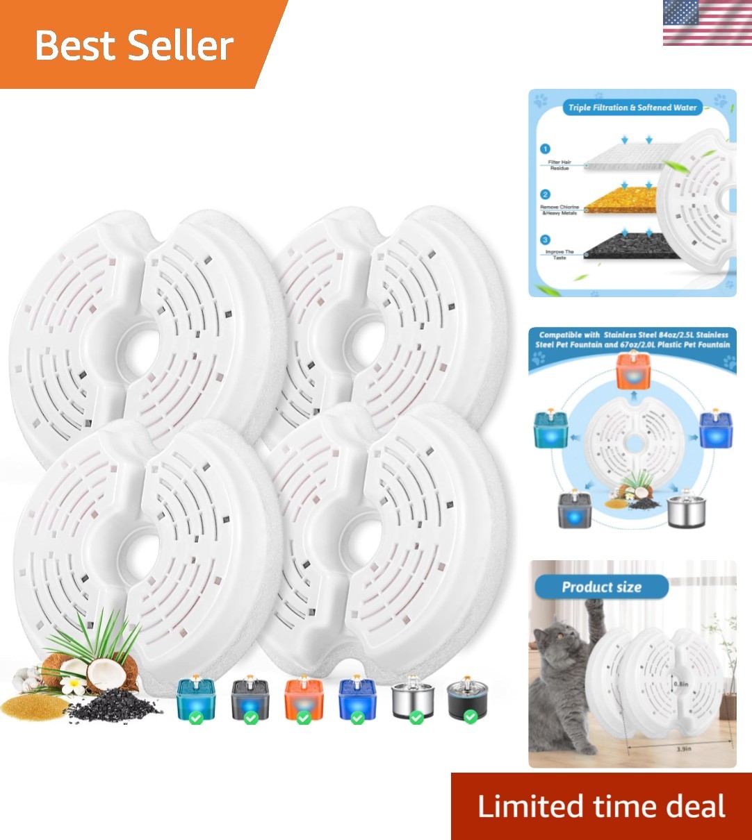 Cat Water Fountain Filters for 84oz/2.5L Stainless Steel Pet Fountain and 67o...