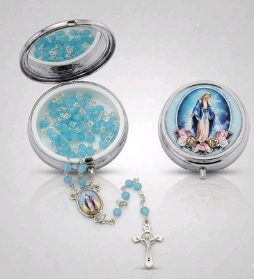 blue Glass Lady of Grace  Rosary & Box Set Rosario Azul del la virgen Milagrosa 