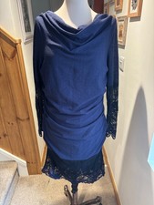 Phase Eight Navy & Black Lace Trim Evening Dress Cowl Neck UK 14 Long Sleeve