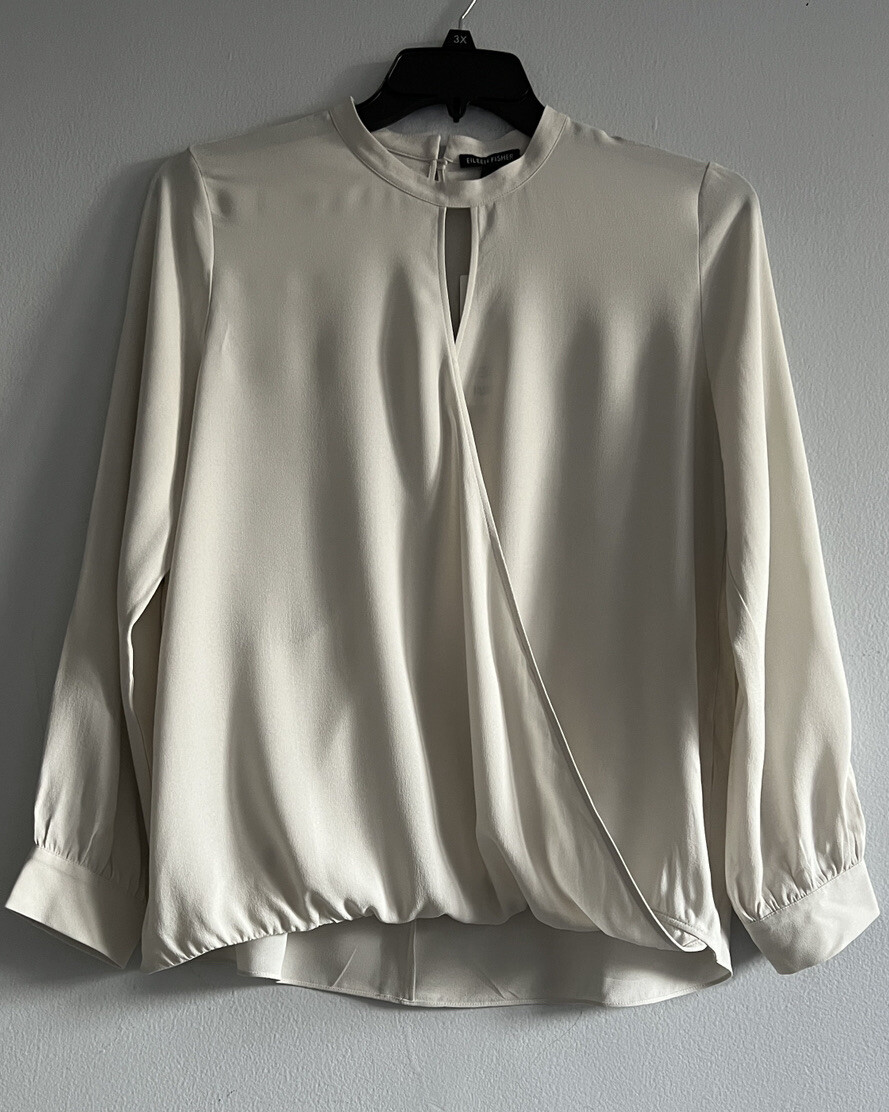 NWT $298 Eileen Fisher BONE Silk Crepe  Mock Neck  Top W/ Overlap Front  L