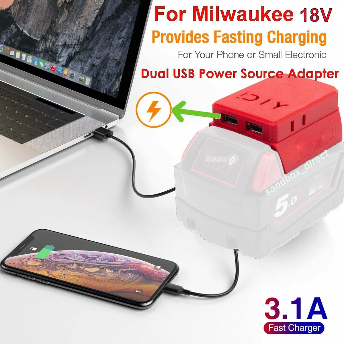 Dual USB Power Phone Charger For Milwaukee 18V Battery Adapter