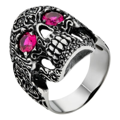 Calavera Day Of Dead Sugar Skull W. Roses Ring W. Ruby Eyes Real 925 Silver