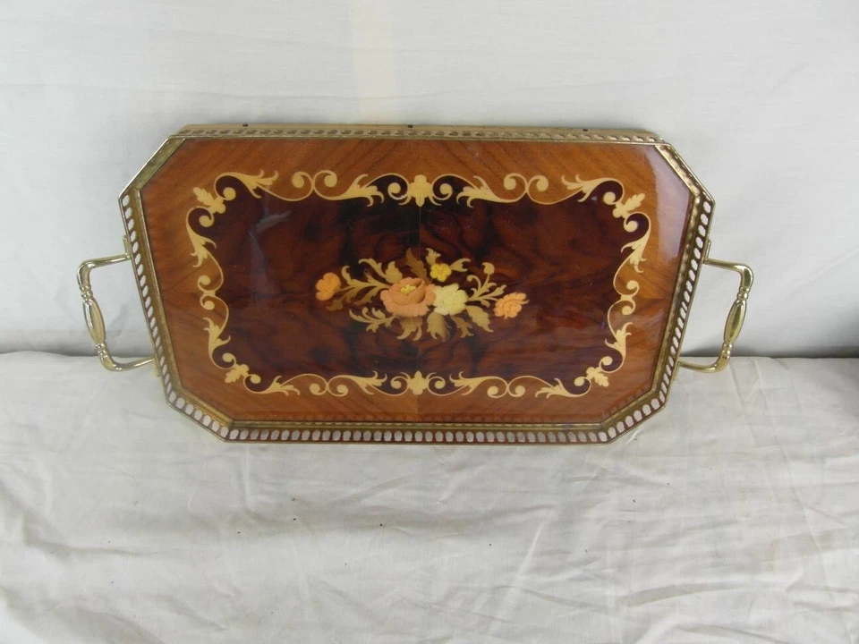 Tablett Servierhilfe Jugendstil Messing Intarsien Arbeit Floral Italien o10b4 - Bild 2 von 4