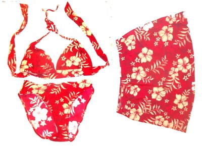 Sunsets Los Cabos Red 3- Pc Halter Bikini Swimsuit w Skirt Size Small EUC 