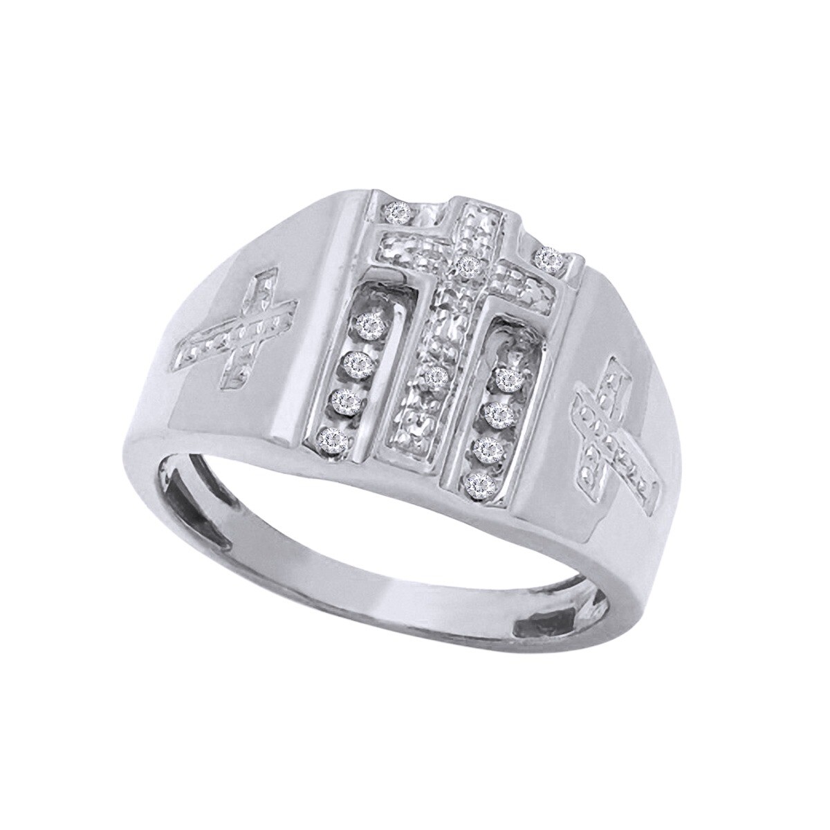 1/10ct Natural Diamond Beaded Cross Ring 14K White Gold Plated Sterling Silver