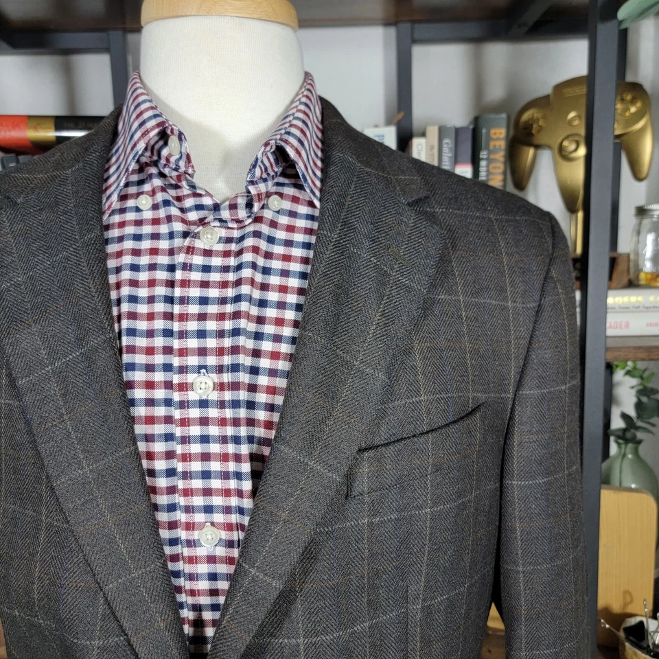 Abrigo Blazer Deportivo Para Hombres Nautica Dos Botones Marrón Cuadros Espiga Corderos Lana 42L Foto 3 de 4