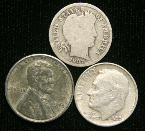 Old US Coin Estate Lot Barber Dime Steel Cent Roosevelt Dime 3 Coin Set