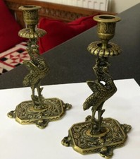 Vintage Ornate Fancy Pair 19cm Brass Stork Candlesticks Candle Library Sticks
