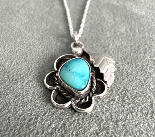 Old Pawn Turquoise Shadowbox Pendant Leaf Sterling Rope Edge 18" Necklace Navajo - Picture 6 of 11