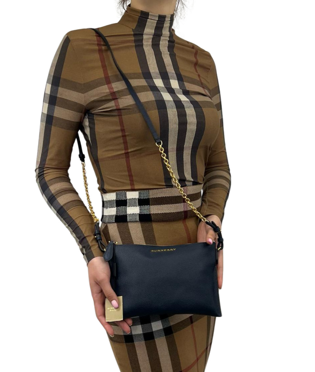 Burberry Peyton Crossbody Bag Textured Grainy Calfskin Leather Blue Carbon