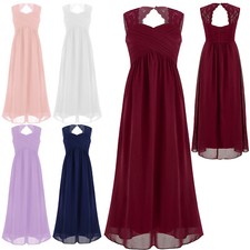 US Girls' Backless Floral Lace Sleeveless Flower Girl Wedding Long Maxi Dress