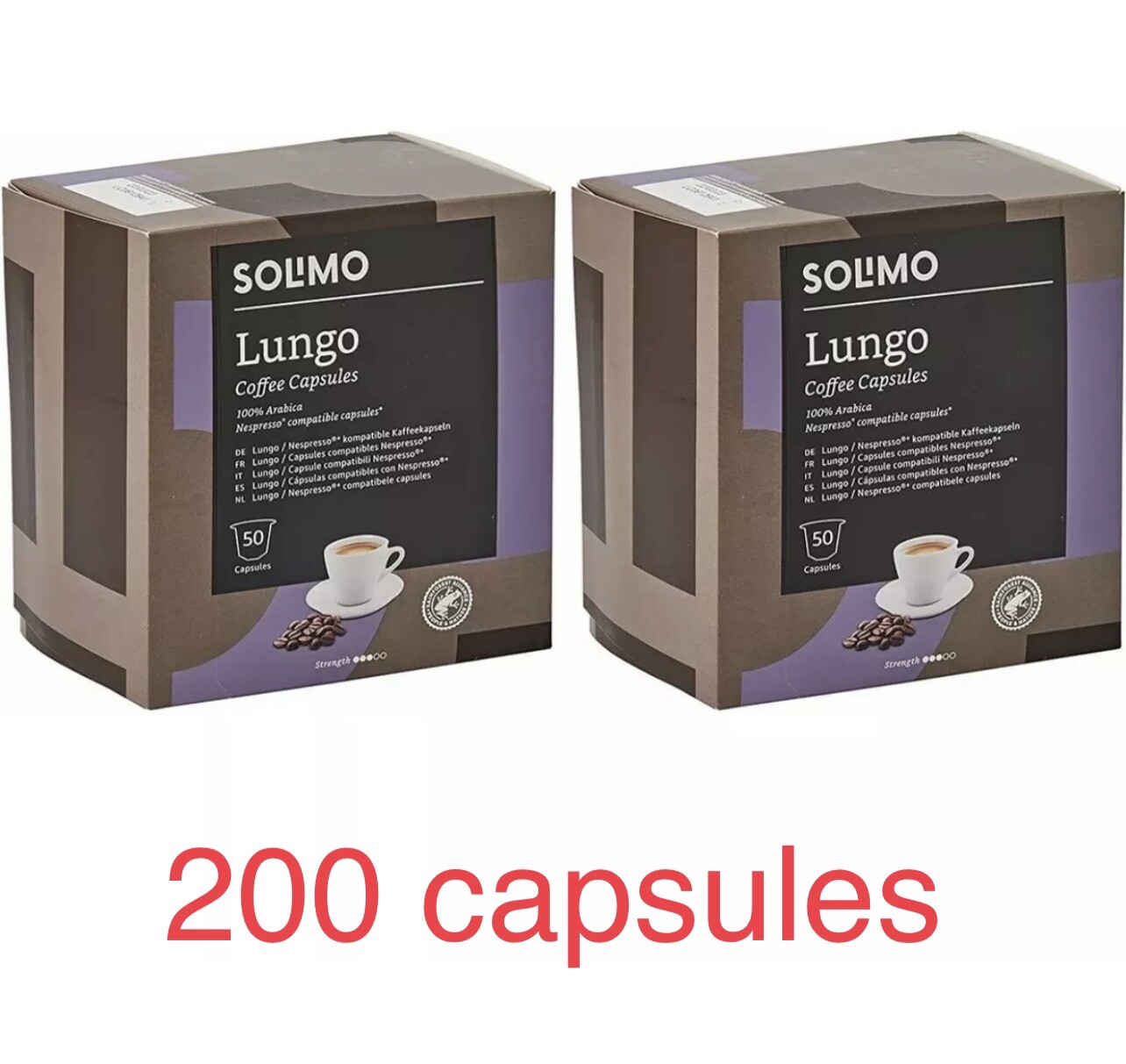 200 Solimo Nespresso Compatible Lungo Capsules Roast Coffee UTZ certified 4 X 50