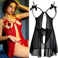 Women's Sheer Lace Lingerie Set Bare Breast Babydoll Crotchless G-string US FAST